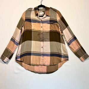 Lucky Brand Plaid Shirt Button Up Roll Tab Long Sleeve Soft Neutral Tones Size L